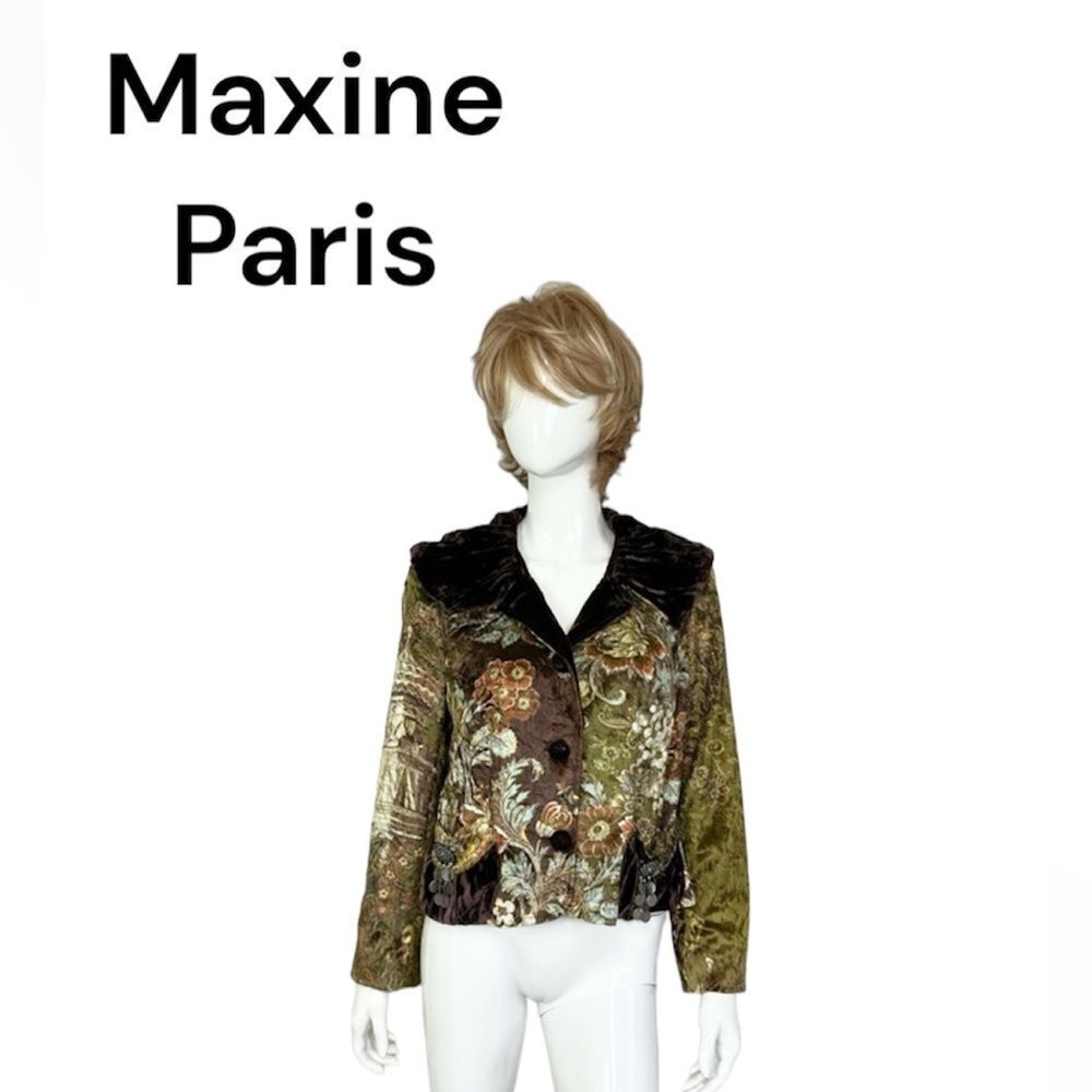 Maxime Paris Vintage Velvet Floral Art To Wear Collared Karina Blazer Jacket M